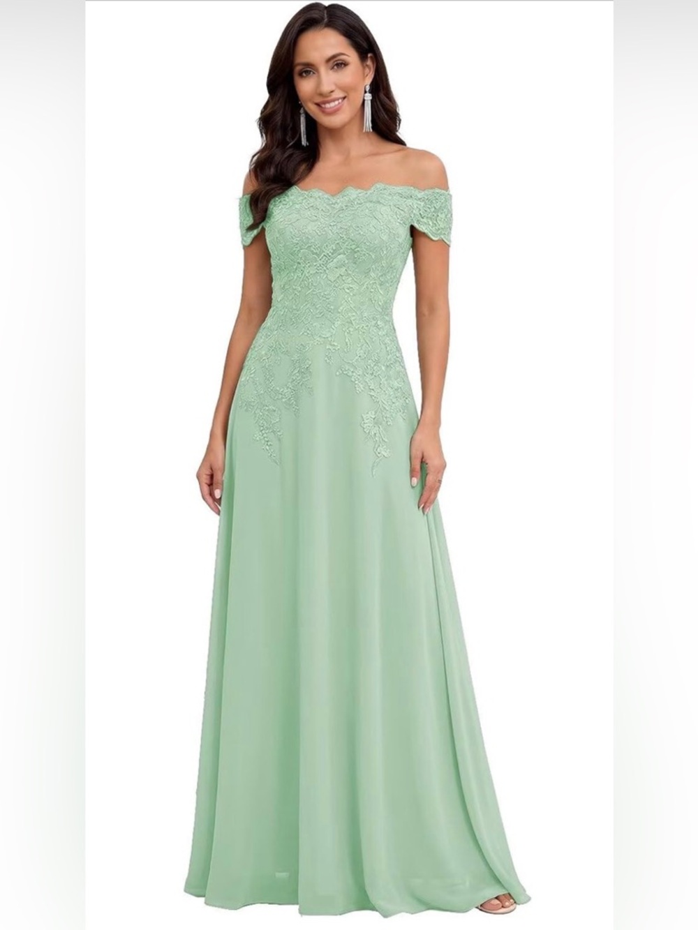 Chiffon Off-Shoulder Lace embellished Bodice Evening Gown in Mint Sz 14